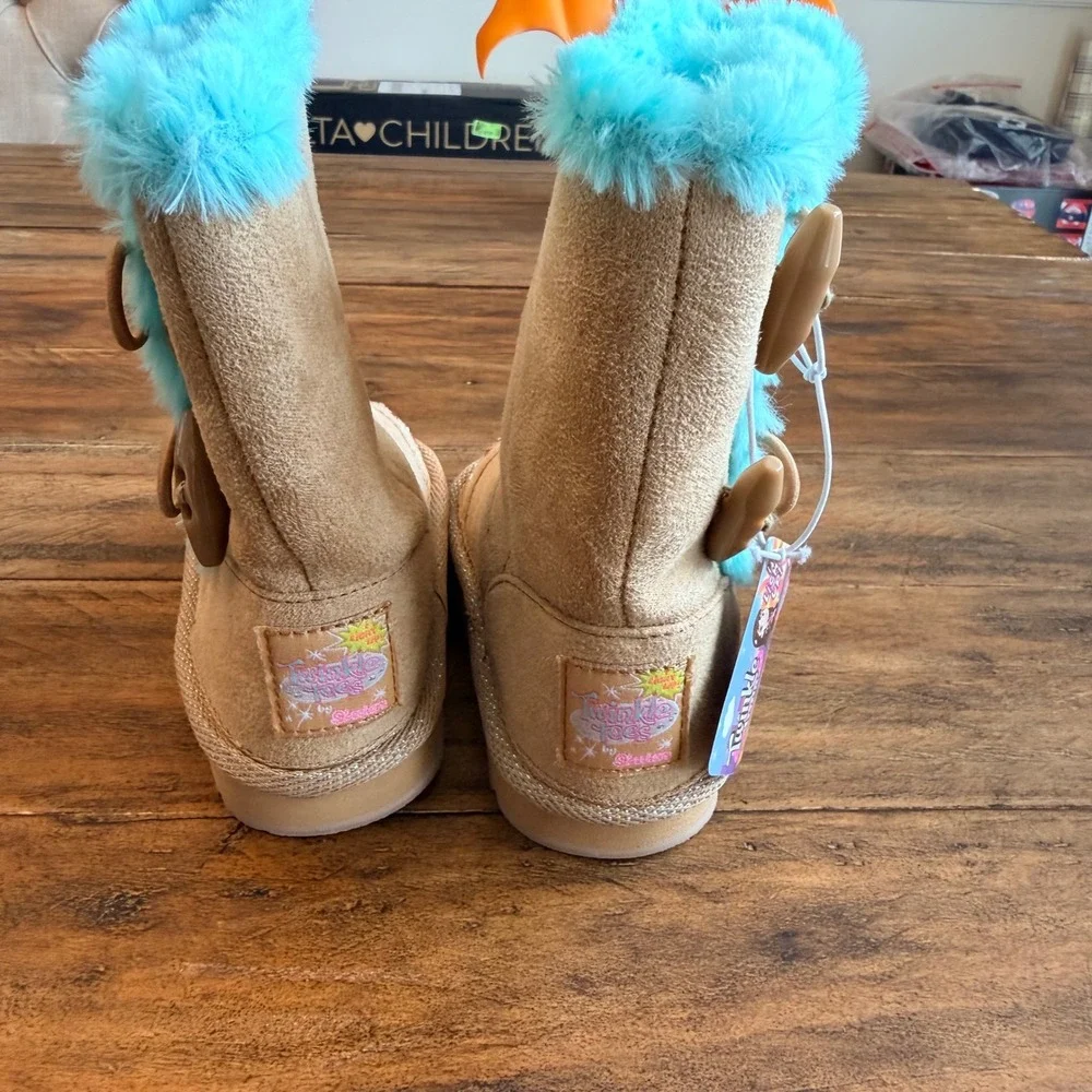 Skechers Twinkle‎ Toes Kids Light Up Boots Tan Turquoise Heart 10402N Size 6 NEW